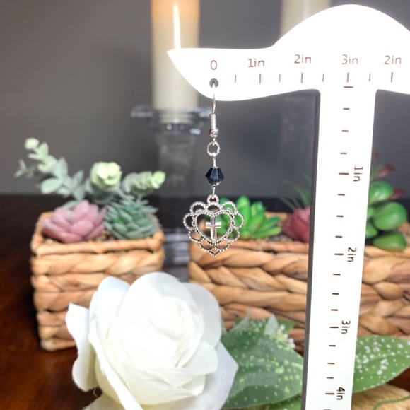 Graceful Filigree Heart Silver Cross Dangle Earrings - Picture 10 of 10